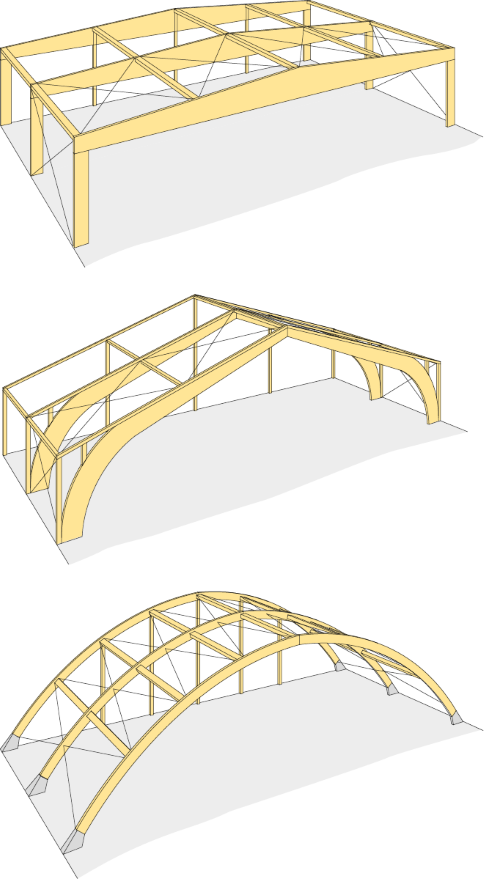 Exempel på anordning av vindfackverk vid pelar-balk-, ram- och bågkonstruktioner